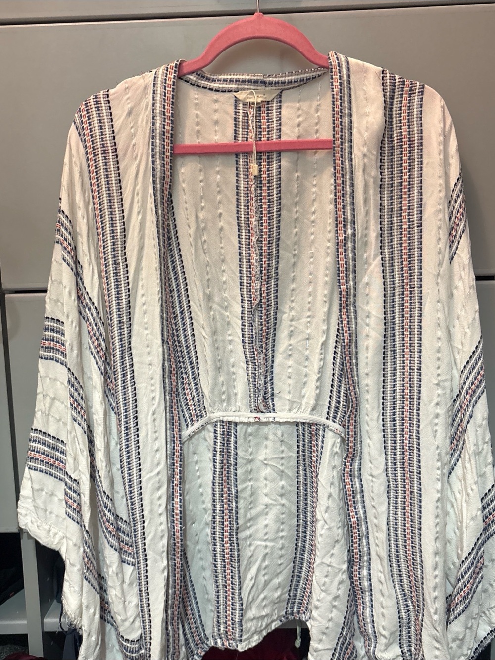 Striped Open-Front White Tunic Jacket with Navy & Coral Accents
